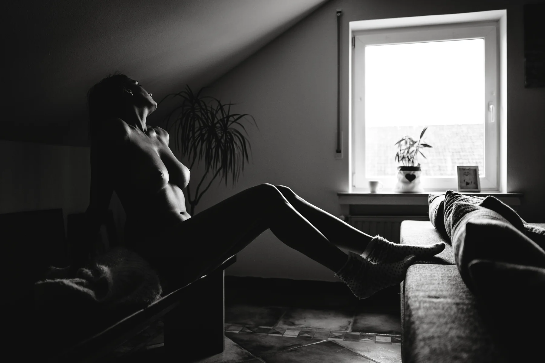 Künstlerische Schwarz-Weiß-Boudoiraufnahme am Fenster